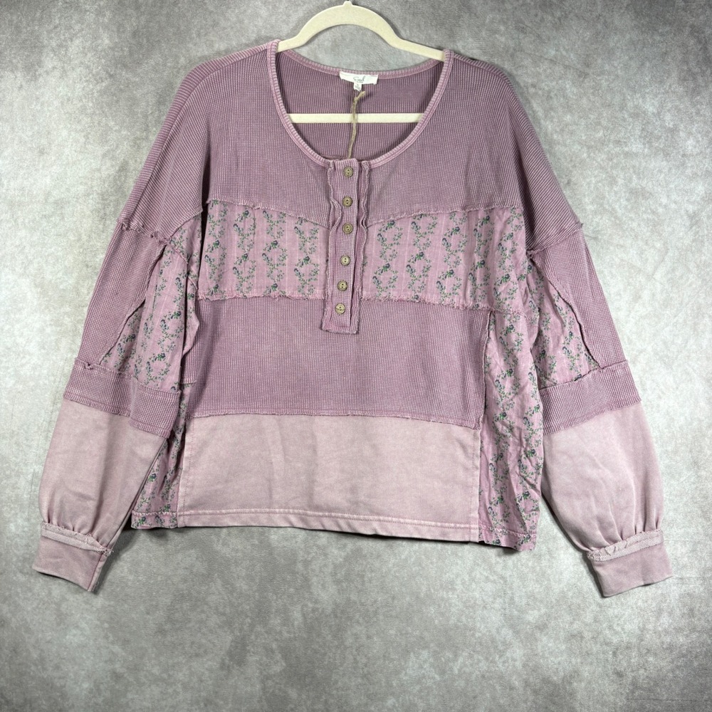 Easel Top Women Small Mauve Waffle Knit Henley Boho Floral Patchwork Casual NEW